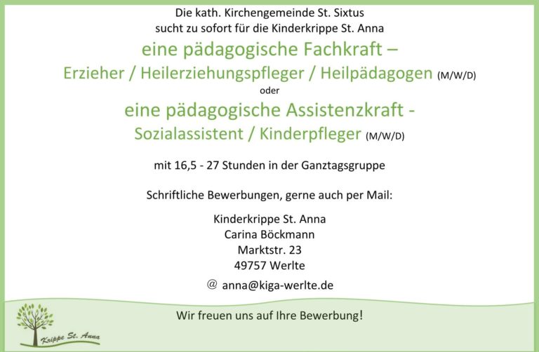 Stellenangebote – Katholische Kindergärten in Werlte